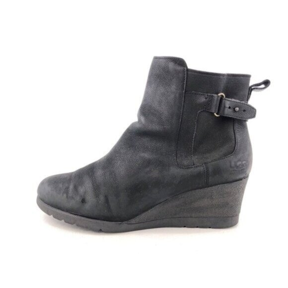 UGG Indra Black Leather Wedge Ankle Booties 9 - Picture 1 of 12